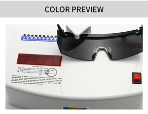 Detailed UV400 protection test showing black flat top sunglasses on a digital UV tester