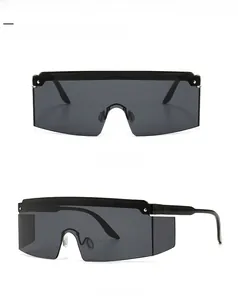 Front and side view of large square oversized flat top sunglasses in black and grey