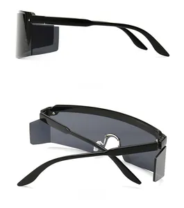 Side and back view of oversized flat top shield sunglasses with thick black frames