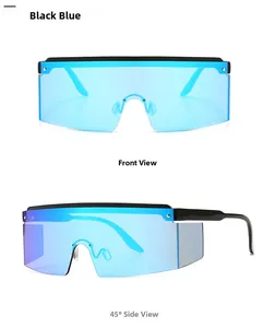 Flat top shield sunglasses with black frame and ice blue mirrored lenses from two angles