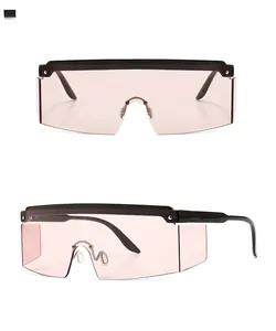 Front and 45-degree side views of black pink flat top oversized shield sunglasses
