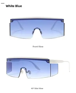 Front and side views of white and blue gradient flat top wrap-around sunglasses
