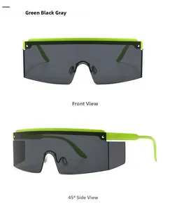 Flat top shield sunglasses in green and black with front and side perspective views