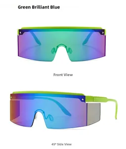 Close-up of neon green flat top sunglasses with gradient blue-green mirrored lenses