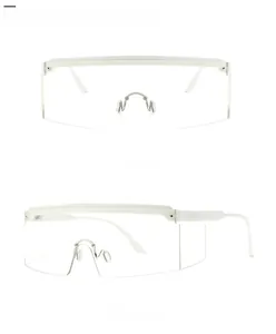 Front and 45-degree side views of white transparent flat top oversized sunglasses
