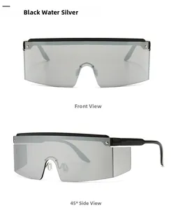 Flat lay showing front and 45-degree angle views of oversized black shield sunglasses