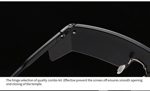 Detail of high-quality metal hinge and smooth screw assembly on black flat top sunglasses