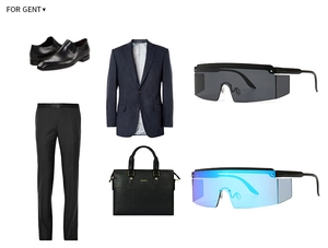 Flat top shield sunglasses set paired with business suit and leather briefcase