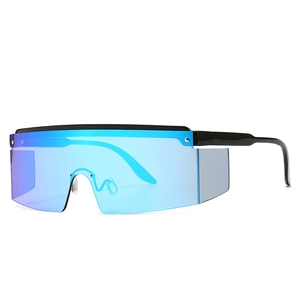 Flat top square oversized blue mirrored shield sunglasses with thick black frames