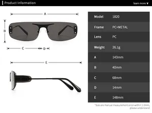 Tableau des tailles détaillé pour lunettes de soleil rétro sport avec mesures de la monture