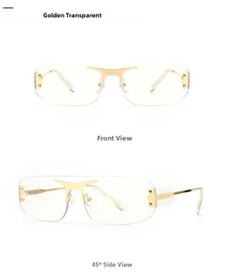 Lunettes de soleil sans monture dorées et transparentes avec pont en Y vues de face et profil