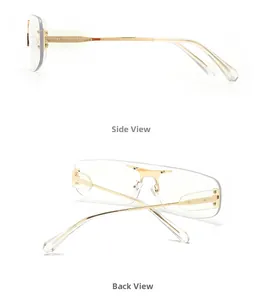 Détails de lunettes de soleil sans monture avec verres dégradés violets et branches en or