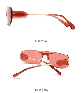 Détails de lunettes de soleil rouges sans monture avec branches dorées (vues latérale et arrière)