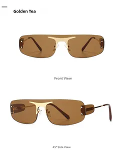 Détails de la monture dorée et des verres teintés thé de ces lunettes de soleil sans bord