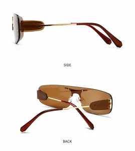Vue détaillée des lunettes de soleil rétro sans monture marron avec branches en métal doré