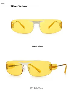Vues de face et de côté de lunettes de soleil sans monture argent avec verres jaunes