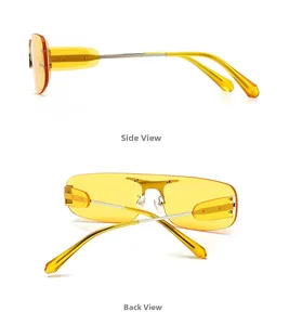 Vue détaillée latérale et arrière des lunettes Y2K sans monture avec des verres jaunes