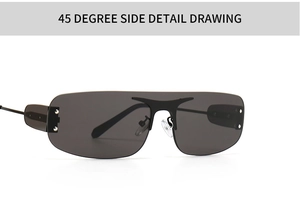 Vue détaillée à 45 degrés de lunettes de soleil sans monture avec rivets métalliques