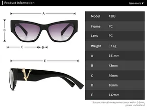 Detaillierte Größentabelle für Retro-Cateye-Sonnenbrille mit goldenem V-Metalllogo