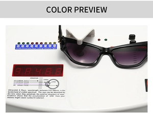 Detailansicht einer schwarzen Cat-Eye-Sonnenbrille beim UV400-Schutz-Leistungstest
