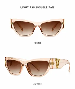 Detailansicht der Cateye-Sonnenbrille mit goldenen V-Ketten-Akzenten und braunen Gläsern