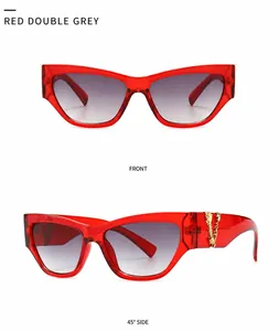 Detailansicht der roten transparenten Sonnenbrille mit Goldkette und Verlaufsgläsern