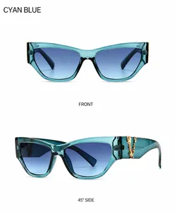 Vorder- und Seitenansicht der Cyan-Cat-Eye-Sonnenbrille mit blauem Verlauf und Goldkette