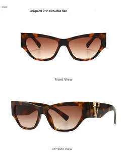 Detail von Leoparden-Schildpatt-Rahmen mit goldener V-Metallverzierung an Cat-Eye-Sonnenbrille