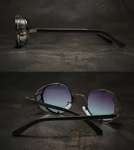 Détail de lunettes steampunk avec protections latérales en maille et verres dégradés