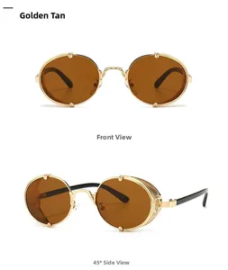 Lunettes steampunk rondes avec monture dorée et protections latérales en maille, vues de face et côté