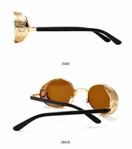 Détails de lunettes steampunk avec protections latérales en maille dorée et verres ronds