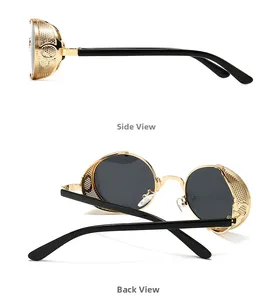 Vue latérale et arrière des lunettes de soleil steampunk avec protections en métal doré