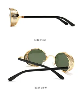 Vues latérale et arrière des lunettes steampunk avec monture dorée et protections en maille