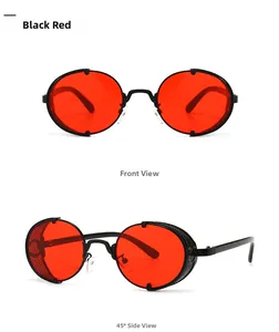 Détail de lunettes de soleil steampunk avec monture noire et verres rouges éclatants