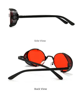 Vue détaillée de lunettes steampunk avec verres rouges ronds et coques latérales