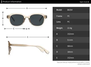 Größentabelle für quadratische Sonnenbrille 86354 mit Maßen für PC-Rahmen und Gläser in mm