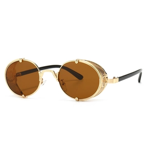 Lunettes de soleil steampunk rétro avec monture dorée, verres bruns ronds et coques latérales