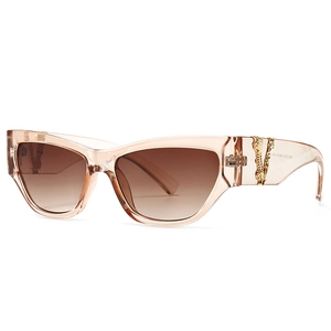 Retro-Cat-Eye-Sonnenbrille mit pfirsichfarbenem Rahmen und goldenen V-Ketten-Details