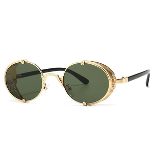 Lunettes de soleil steampunk rondes avec monture dorée et protections latérales