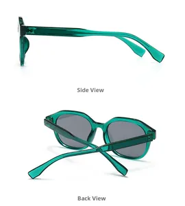 Detailansicht von Seite und Rückseite der dunkelgrünen Harz-Sonnenbrille mit grauen Gläsern