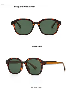 Detailsicht der Leopard-Polygon-Sonnenbrille mit grünen Gläsern und Metallscharnieren