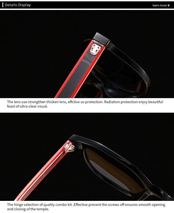 Detail der rot-schwarzen Sonnenbrille mit verstärkten Metallscharnieren und UV-Schutz