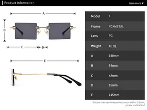Size chart showing exact dimensions and PC Metal frame specifications for square sunglasses