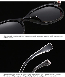 Nahaufnahme ergonomischer Silikon-Nasenpads und glänzender transparenter Bügel der Sonnenbrille