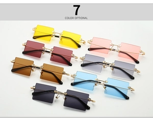 Detail view of 7 color options for rimless rectangular sunglasses with gold metal stems