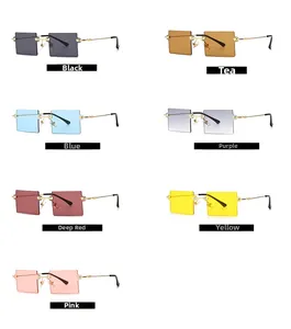 Detailed grid showing seven trendy rimless rectangular sunglasses in multiple vibrant colors