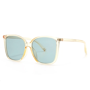 Modern retro oversized sunglasses with transparent yellow frames and teal lenses