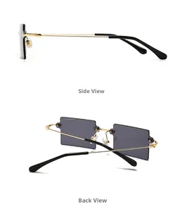 Side and back view of rectangular rimless sunglasses with gold metal temples