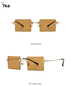 Front and side macro views of retro rimless square sunglasses with tea lenses and gold frame