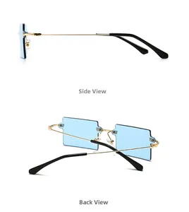 Detailed side and back views of rimless rectangular sunglasses with blue lenses and gold frames